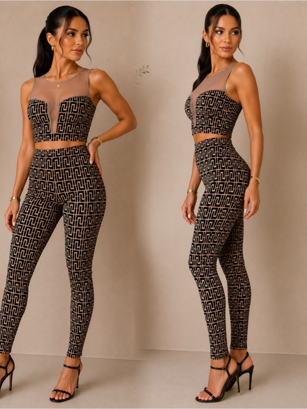 Monogram High-Waist Leggings & Crop Top Set - Black/Tan